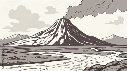 Volcano landscape drawing vector illustration of volcanic eruption with river and mountains vector art