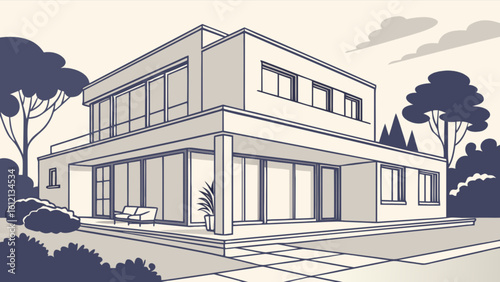 Modern house architecture design with trees and plants luxury home exterior real estate property illustration