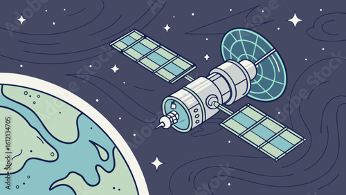 Satellite orbiting earth vector illustration stock space exploration communication technology satellite design vector