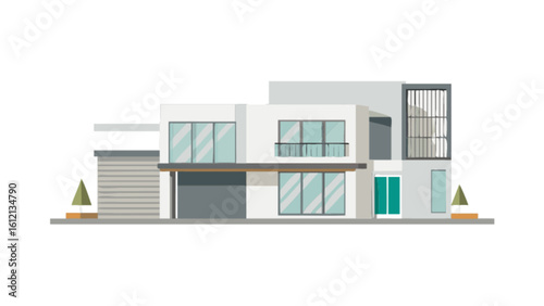 Modern house design architectural rendering of a luxury home with garage and green trees flat vector art