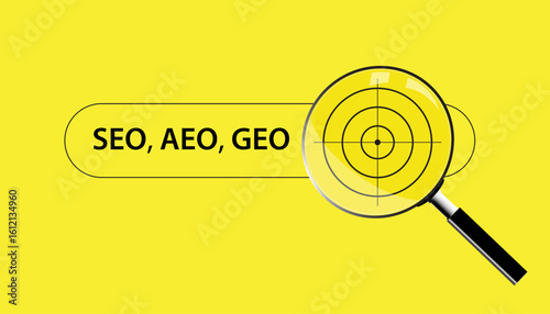 SEO, AEO and GEO Search Concept. Magnifying glass focusing on target symbol, visibility, success, business forecast, analysis, marketing and future predictions.