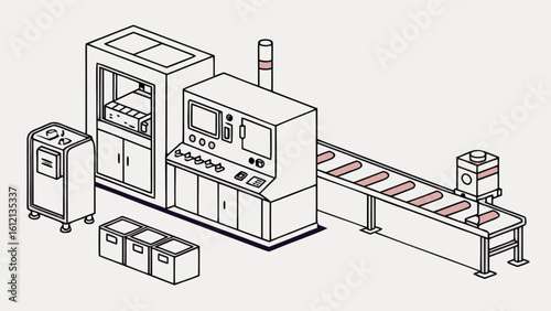Isometric industrial automation factory equipment conveyor belt manufacturing system machine process line