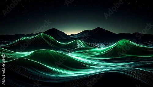 Waves Glowing Green at Night with Mountain Backdrop