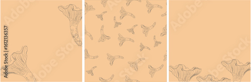 Set of chanterelles on a pale orange background. Hand-drawn sketch style. Perfect for social media (instagram), textiles, packaging, and backgrounds.