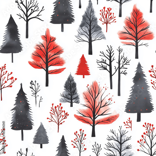 Colorful Winter Forest Pattern Featuring Various Trees With Red and Gray Acce...