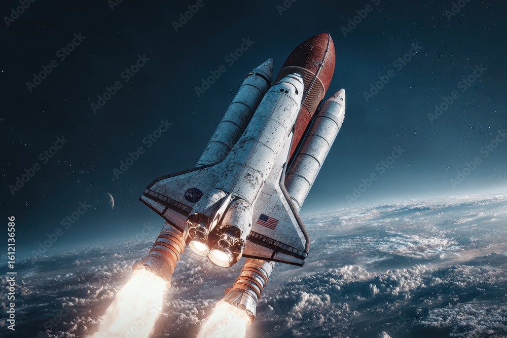 Fototapeta premium Spacecraft launches into the vastness of space, propelling through the cloud-covered Earth, as distant celestial bodies shimmer against a dark backdrop