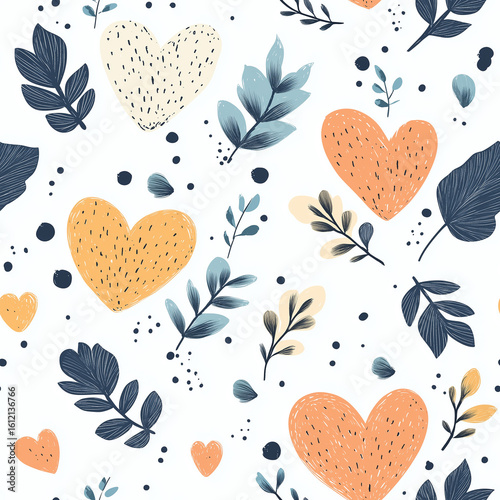 Colorful Floral Pattern With Hearts in Soft Tones for Creative Design Projects.