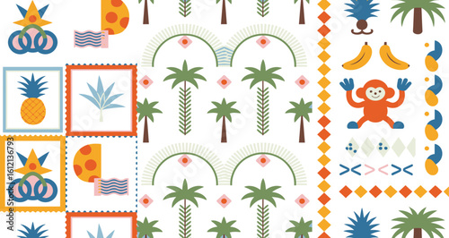 Geometric tropical pattern with cute monkey, pineapple, and palm tree elements.