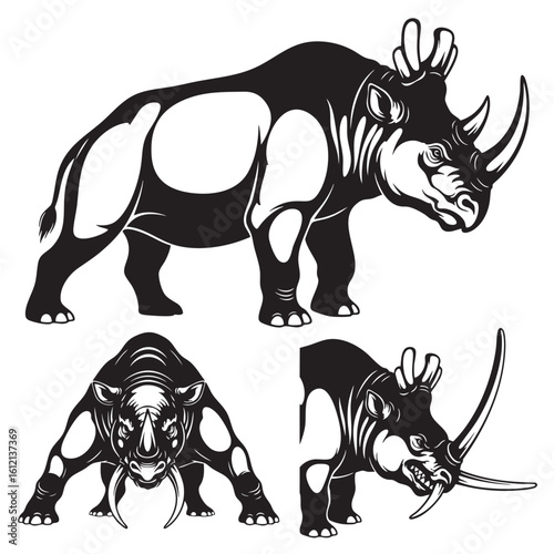Set of 3 Uintatherium Silhouettes as a Bizarre Prehistoric Mammal