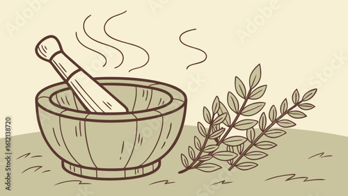 Illustration of mortar and pestle with herbs for alternative medicine aromatherapy and herbal remedies use