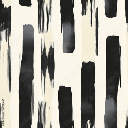 Artistic Black and White Abstract Pattern With Vertical Lines and Brushstroke...