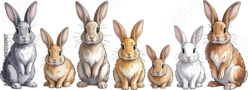Collection of cute hand-drawn rabbits in various colors isolated on a white background.