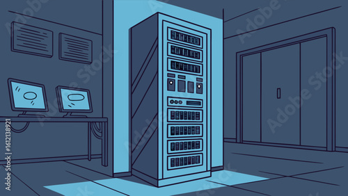Data center server room with computer monitors and server rack for it infrastructure management network