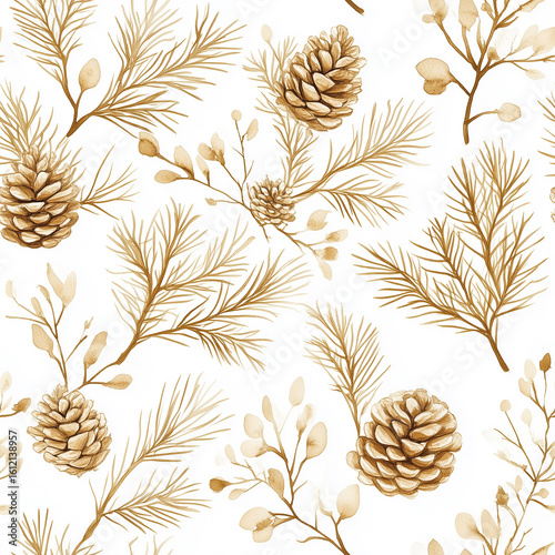 Elegant Botanical Pattern Featuring Pinecones and Greenery on a White Background