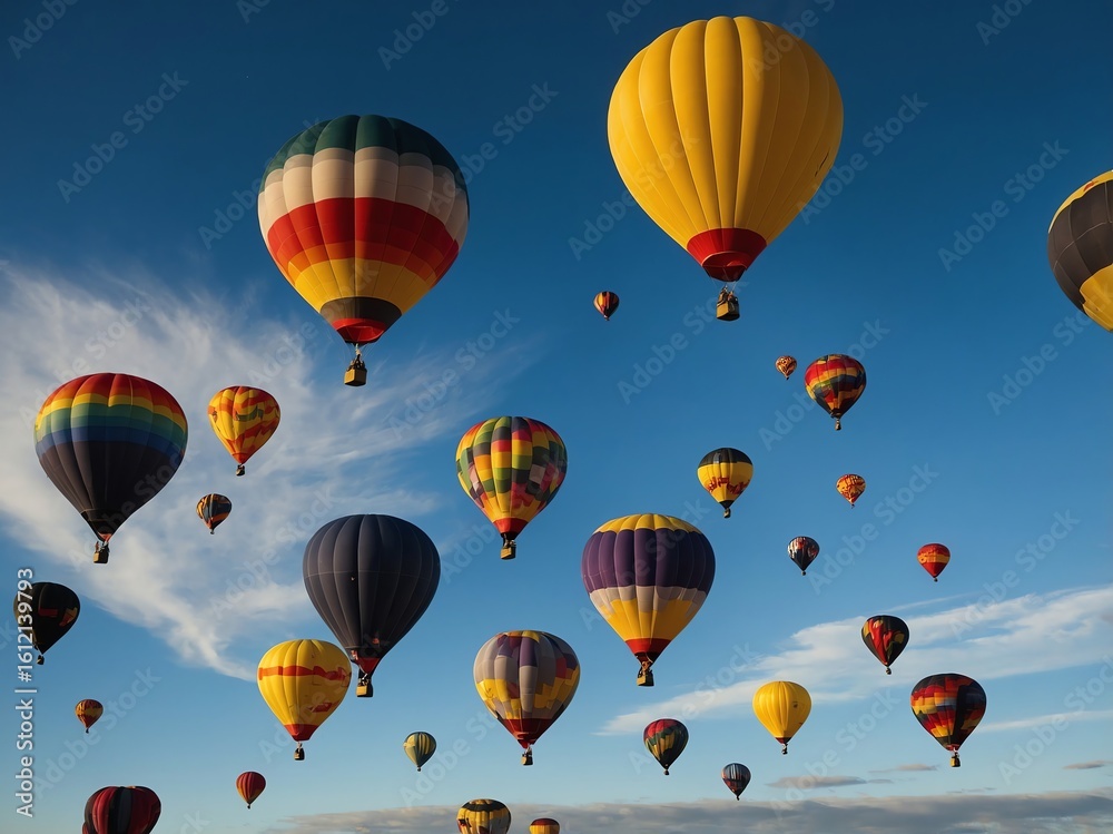 Obraz premium Hot Air Balloon flying in the sky with clouds in the background