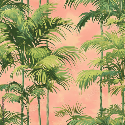 Lush Palm Trees Against a Vibrant Pink Background Create a Tropical Aesthetic...