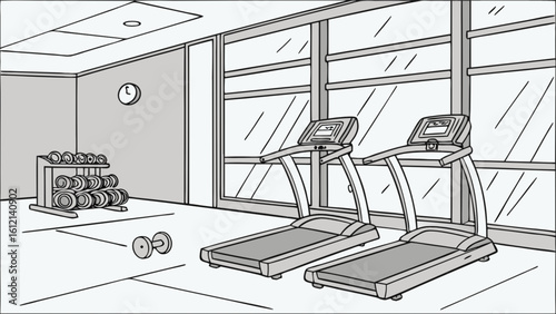 Gym interior with treadmills and weights for fitness cardio and strength training exercise and wellness center