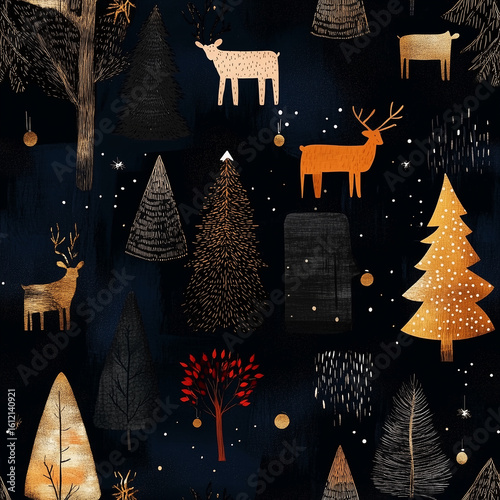 Holiday Forest Design Featuring Trees and Deer in a Dark Background