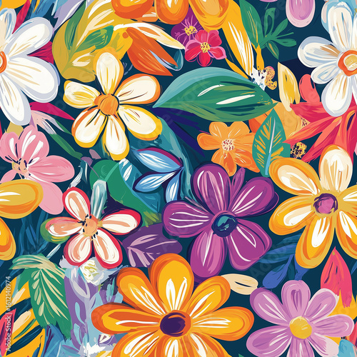 Colorful Floral Pattern With Vibrant Flowers and Leaves on a Dark Background