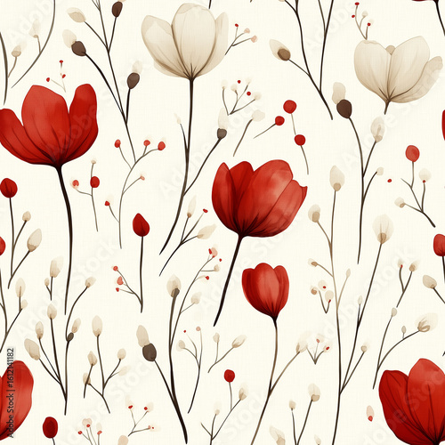 Floral Pattern Featuring Red and White Flowers on a Light Background
