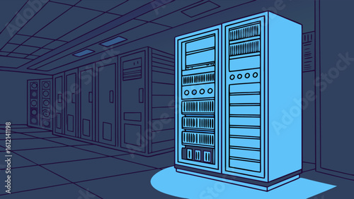 Illustration of server room data center network infrastructure for it technology solutions and cloud computing
