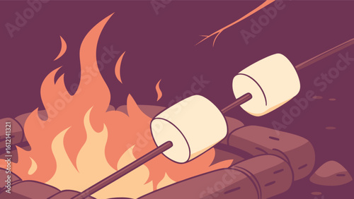 Campfire marshmallows roasting illustration summer camping outdoor adventure holiday vacation barbecue party treat