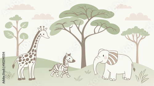 Safari animals illustration giraffe zebra elephant savanna trees clouds nursery decor art print design vector