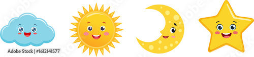 Cute cartoon weather and sky elements: cloud, sun, moon and star icons