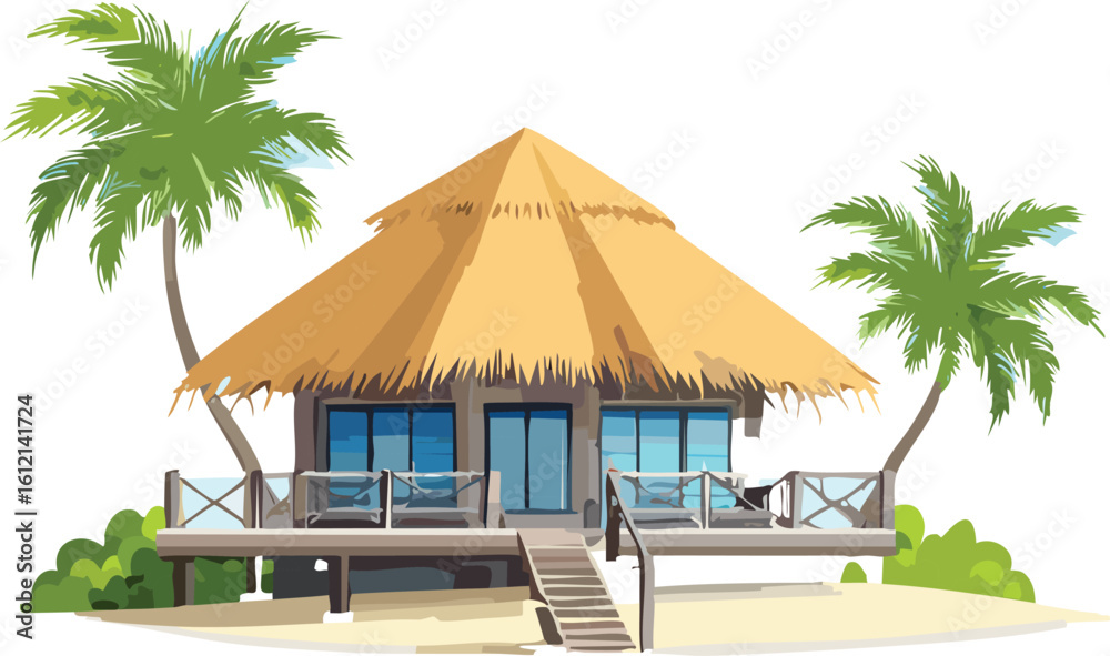 Fototapeta premium Overwater Tropical Resort Hut with Palm Trees and Clear Blue Sky