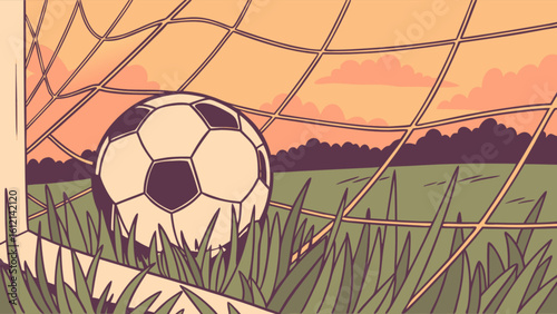 Soccer ball in net illustration for sports game design and football championship vector graphic element
