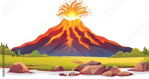Distant Volcano Erupting with Glowing Lava and Rocky Foreground