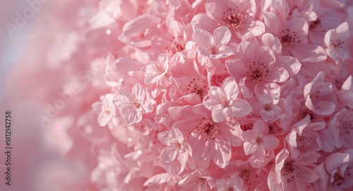 A close up of many light pink cherry blossom flowers creating a soft and dreamy floral background