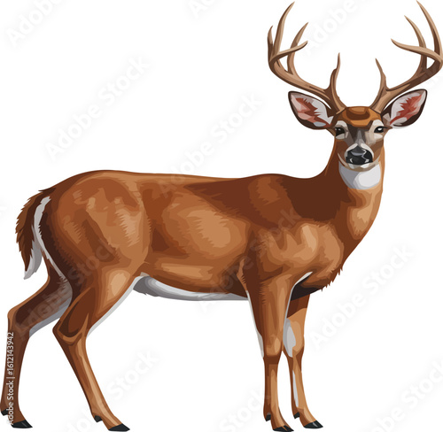 Illustration of a standing male white-tailed deer buck isolated on a white background