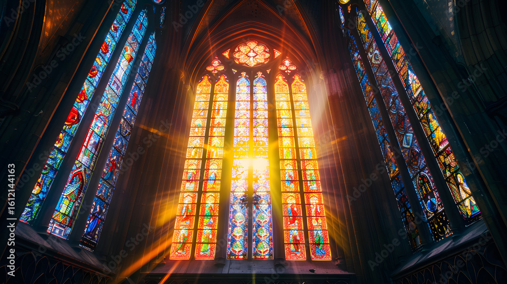 Obraz premium The stained glass window is filled with bright colors and sunlight. The sunlight is shining through the window, creating a warm and inviting atmosphere. The window is located in a church