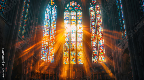 The stained glass window is filled with bright colors and sunlight. The sunlight is shining through the window, creating a warm and inviting atmosphere. The window is located in a church