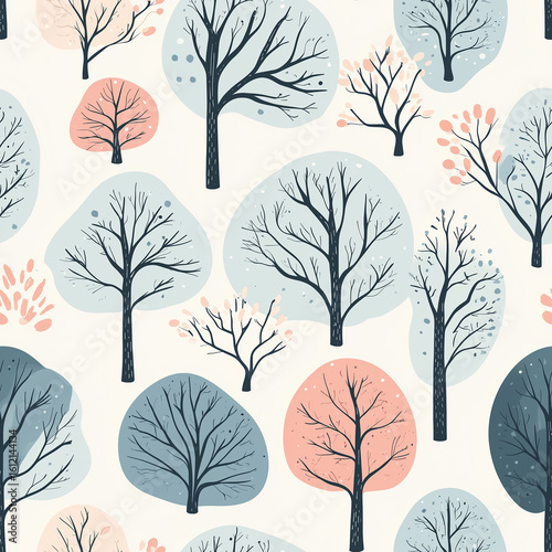Colorful Tree Patterns Create a Lively Design With Various Shapes and Colors in a Whimsical Layout.