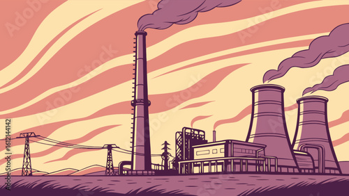 Illustration of coal power plant with smoke stack and cooling towers energy industry landscape scenery