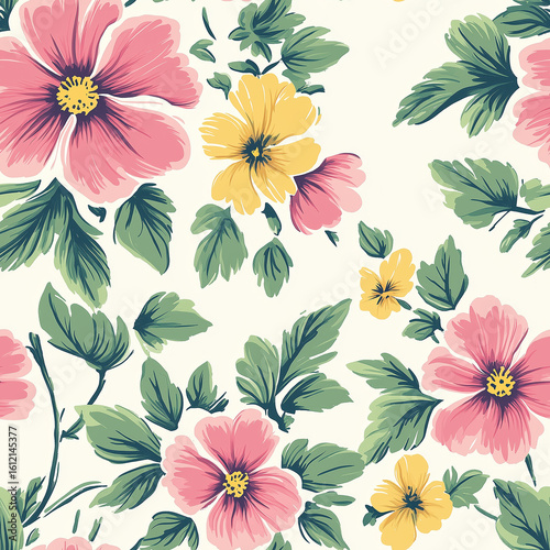 Bright Floral Pattern Featuring Pink and Yellow Flowers on a White Background.