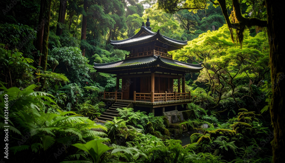 A serene Japanese pagoda nestled within a lush, green forest. A serene Japanese pagoda nestled within a lush, green forest.