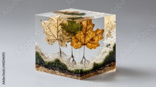 Encapsulated Autumn: A Resin Cube Showcasing Preserved Maple Leaves and Aquatic Elements