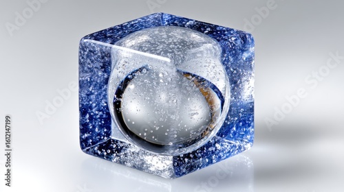 Stunning Blue Glass Cube Sculpture with Inner Sphere
