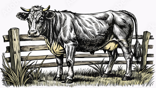 Highly detailed pen and ink drawing of a cow standing near a wooden fence in a grassy field, cross-hatching for shadow under the fence, precise details in the cow musculature and grassy 