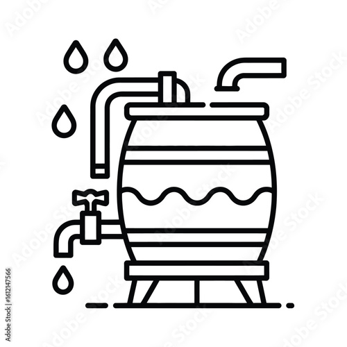 Line art illustration of a traditional alcohol distillation still with dripping liquid
