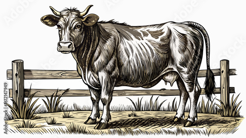 Highly detailed pen and ink drawing of a cow standing near a wooden fence in a grassy field, cross-hatching for shadow under the fence, precise details in the cow musculature and grassy 