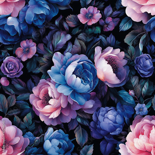 Vibrant Floral Pattern Featuring Peonies in Various Colors on a Dark Background.