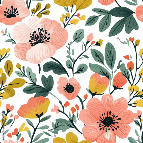 Bright Floral Pattern Featuring Pink and Yellow Flowers on a White Background