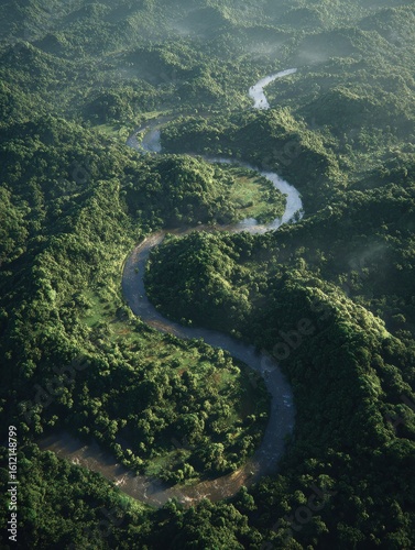 Aerial Photograph of River winding through the Jungle. Breath-taking Rainforest Background.