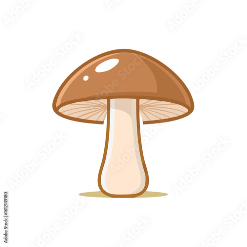 Cartoon mushroom with a brown cap and white stem isolated on black background
