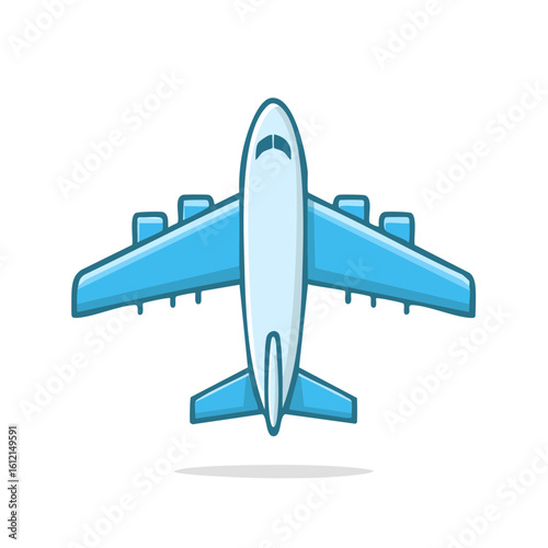 Blue airplane flying with four engines and winglets icon for aerospace aviation and air transportation illustration