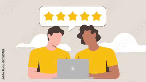 Two people share laptop and give a five star rating for business success and teamwork
